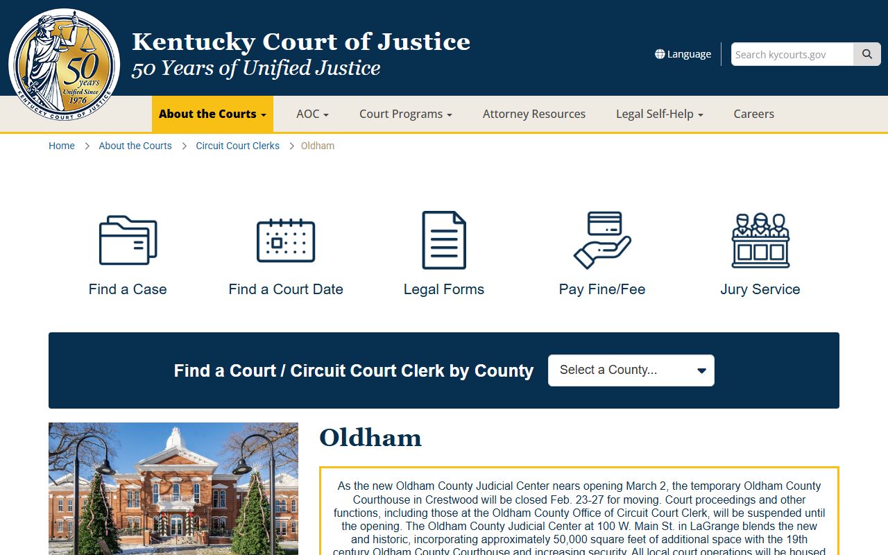 Oldham County Circuit Court resource page for divorce decree records