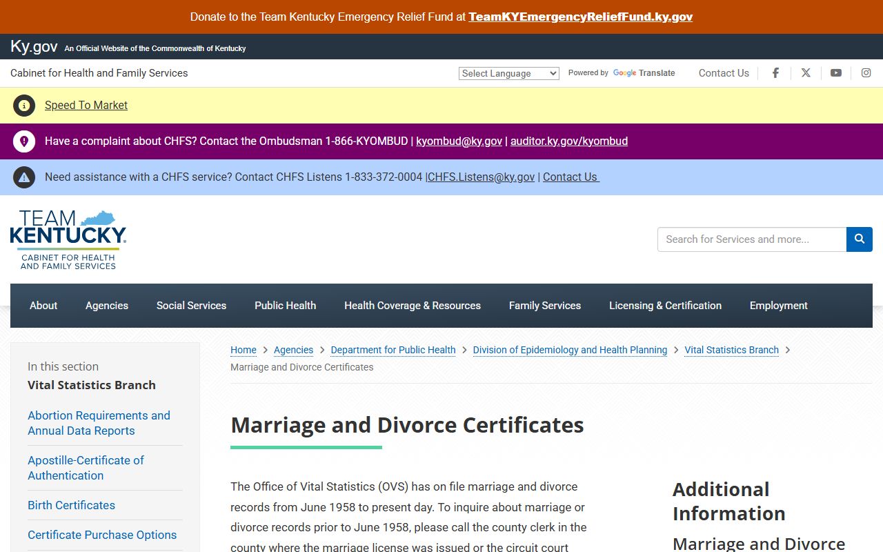 Kentucky Office of Vital Statistics marriage and divorce certificates page